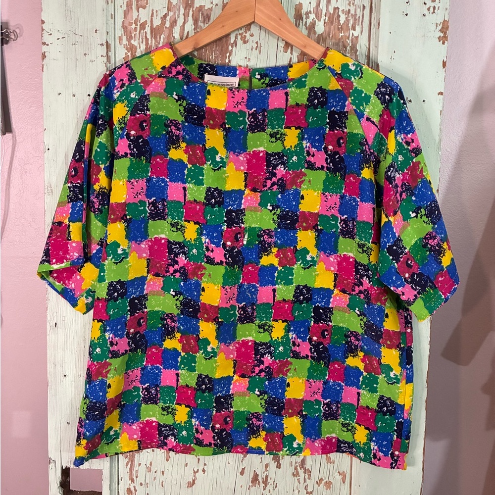 Impressions Multicolor Vtg Patchwork Blouse Made … - image 1